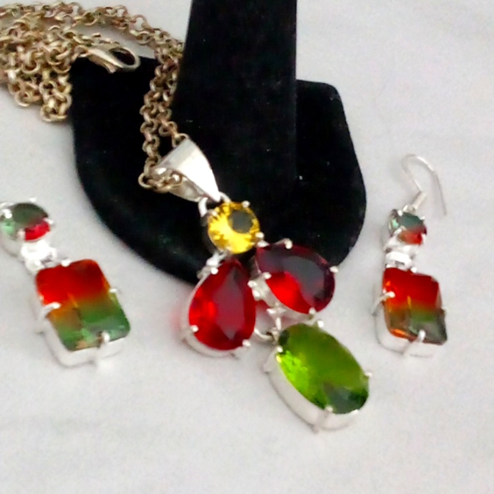 Fiesta time super cute gemstone pendant and dangles set in silver very colorful